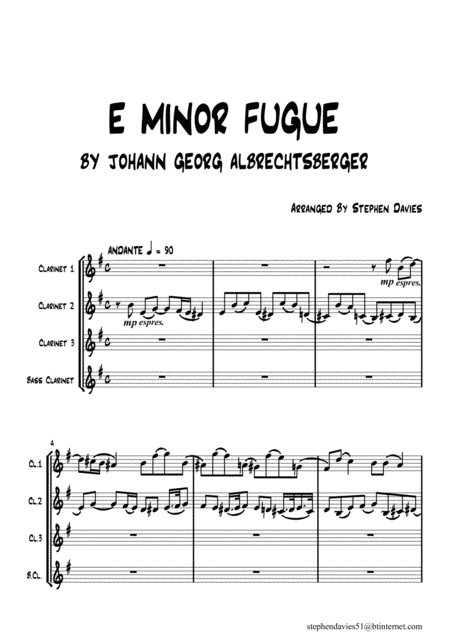 Free Sheet Music E Minor Fugue By Johann Georg Albrechtsberger For Clarinet Quartet