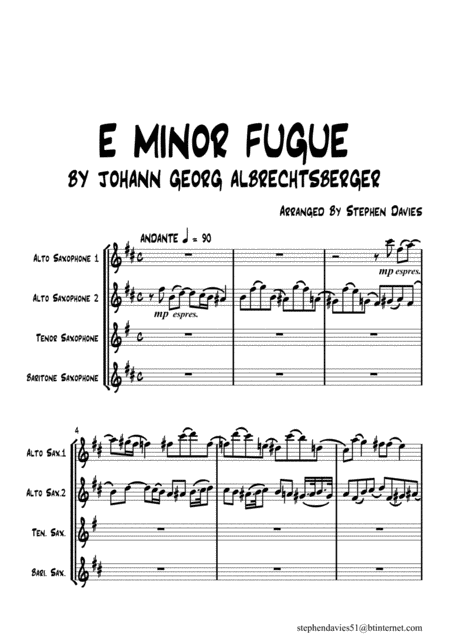 E Minor Fugue By Johann Georg Albrechtsberger For Saxophone Quartet Sheet Music