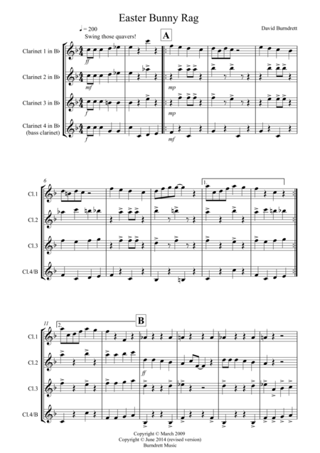 Easter Bunny Rag For Clarinet Quartet Sheet Music