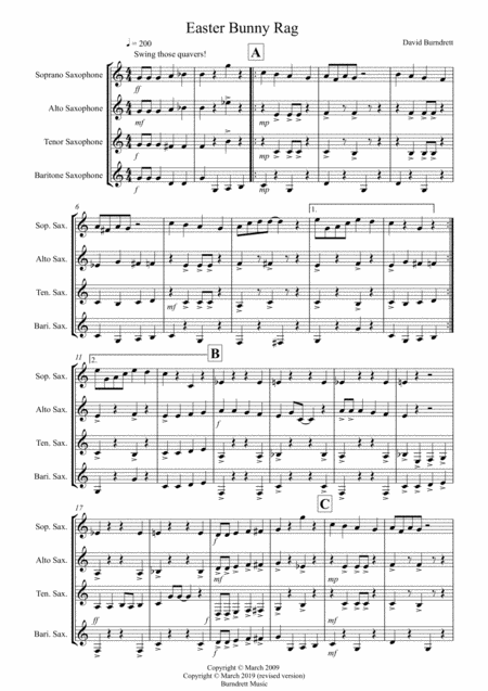 Easter Bunny Rag For Saxophone Quartet Sheet Music