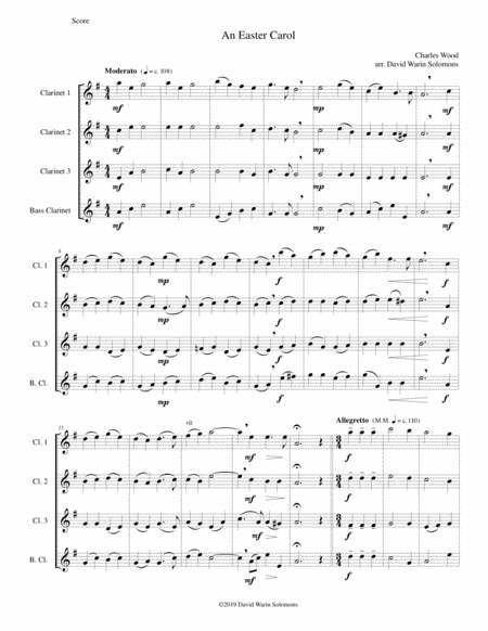 Free Sheet Music Easter Carol For Clarinet Quartet