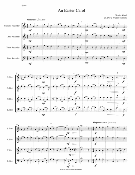 Easter Carol For Recorder Quartet Sheet Music