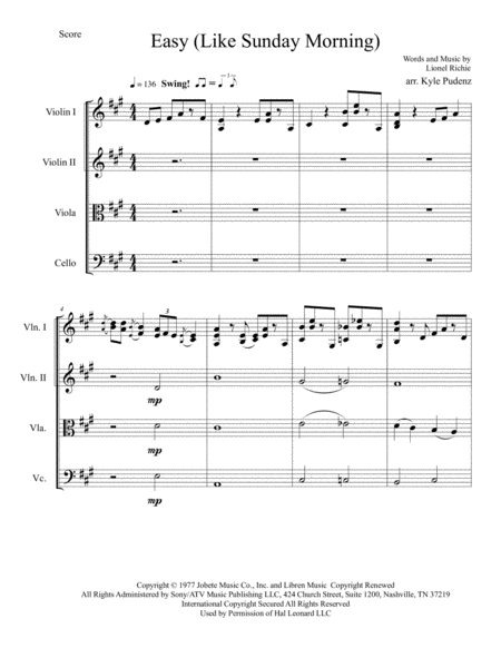 Easy Like Sunday Morning Jazz String Quartet Sheet Music