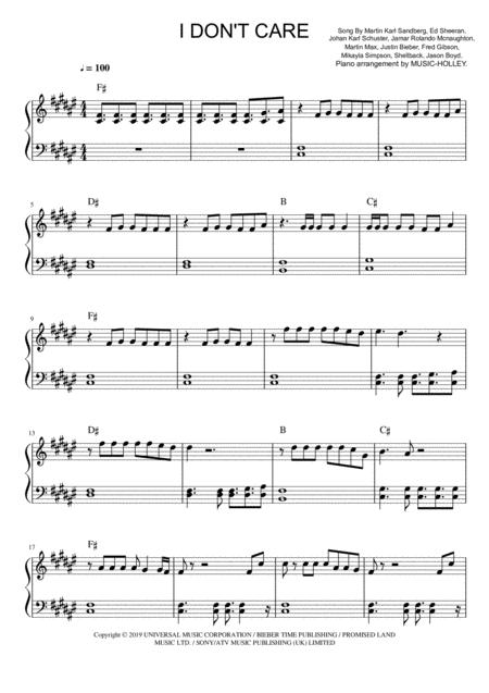 Ed Sheeran And Justin Bieber I Dont Care Easy Piano Sheet Sheet Music