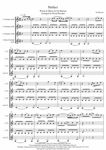 Ed Sheeran Perfect Clarinet Quartet Sheet Music