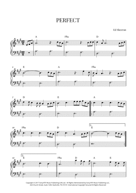 Ed Sheeran Perfect Early Intermediate Piano A Major Sheet Music