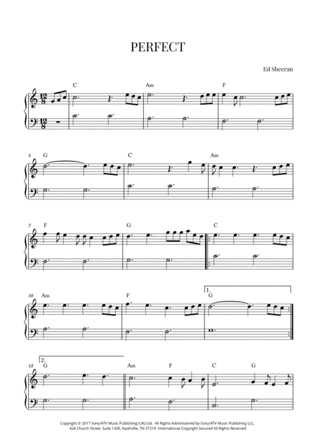 Ed Sheeran Perfect Early Intermediate Piano C Major Sheet Music