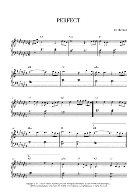 Ed Sheeran Perfect Early Intermediate Piano C Sharp Major Sheet Music