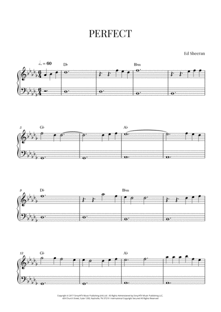 Ed Sheeran Perfect Easy Beginner Piano D Flat Major Sheet Music