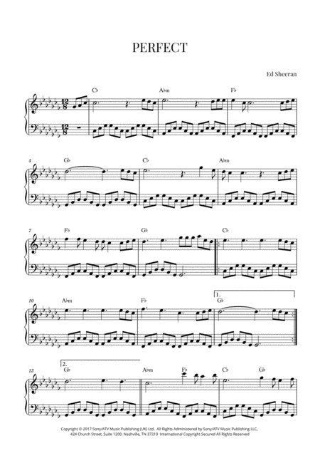 Ed Sheeran Perfect Easy Intermediate Piano C Flat Major Sheet Music