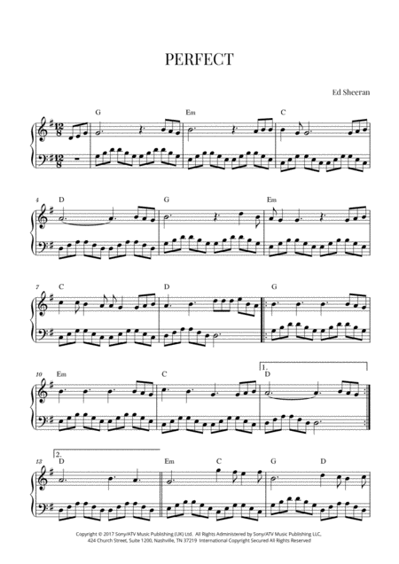 Free Sheet Music Ed Sheeran Perfect Easy Intermediate Piano G Major