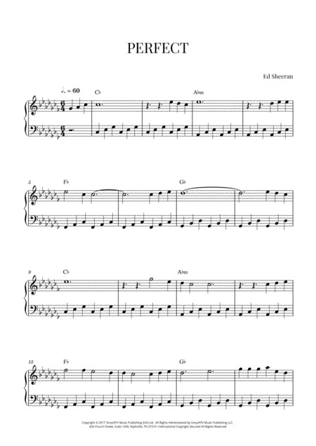 Free Sheet Music Ed Sheeran Perfect Easy Piano C Flat Major