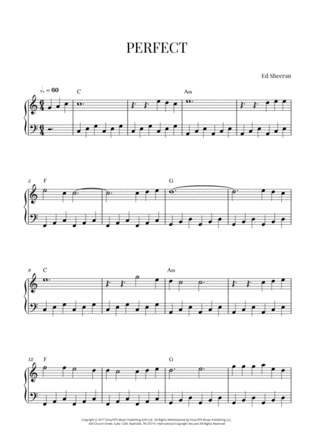 Ed Sheeran Perfect Easy Piano C Major Sheet Music