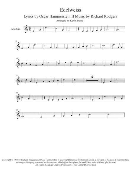 Free Sheet Music Edelweiss Easy Key Of C Alto Sax