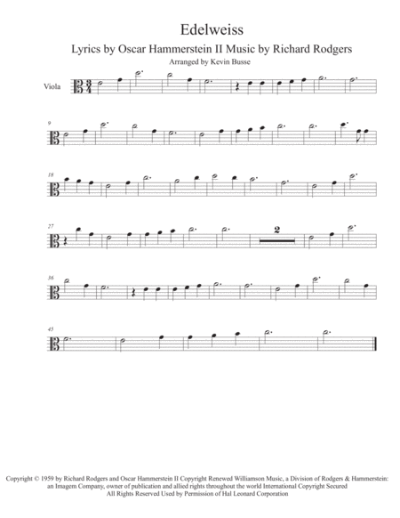 Free Sheet Music Edelweiss Easy Key Of C Viola