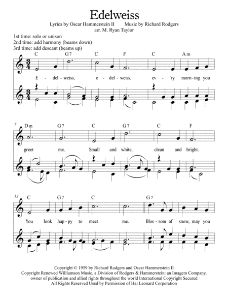 Free Sheet Music Edelweiss For Vocal Duet Or Trio With Chords