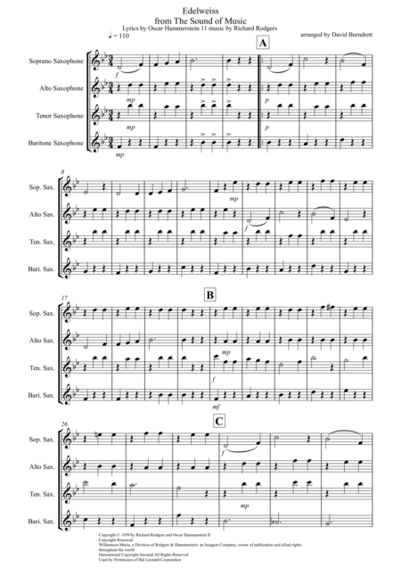 Free Sheet Music Edelweiss From The Sound Of Music For Saxophone Quartet