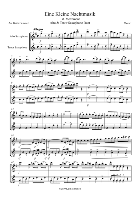 Eine Kleine Nachtmusik Alto Tenor Saxophone Duet Sheet Music