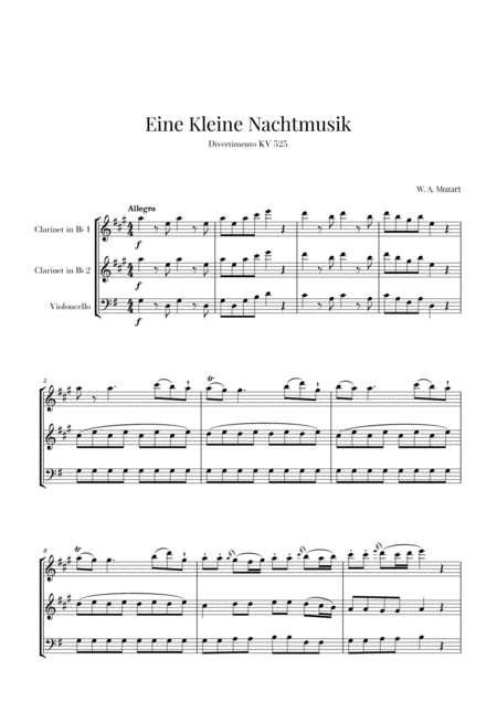 Eine Kleine Nachtmusik For 2 Clarinets And Cello Sheet Music