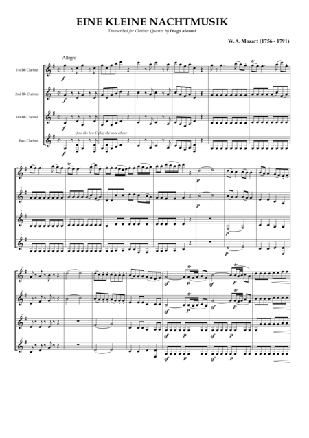 Eine Kleine Nachtmusik For Clarinet Quartet Sheet Music