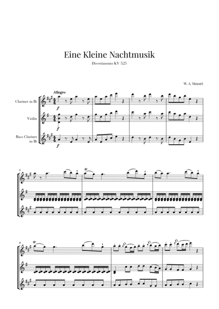 Eine Kleine Nachtmusik For Clarinet Violin And Bass Clarinet Sheet Music