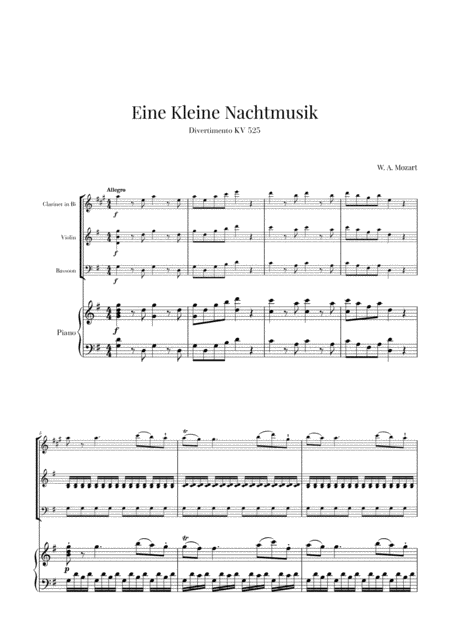 Eine Kleine Nachtmusik For Clarinet Violin Bassoon And Piano Sheet Music