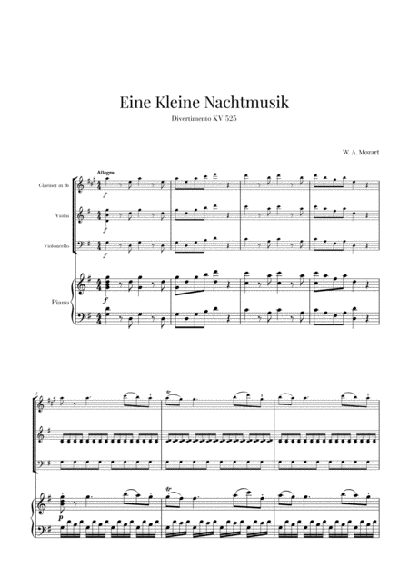 Free Sheet Music Eine Kleine Nachtmusik For Clarinet Violin Cello And Piano