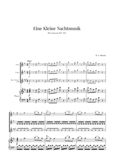 Eine Kleine Nachtmusik For Flute Violin Bass Clarinet And Piano Sheet Music