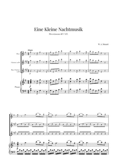 Eine Kleine Nachtmusik For Oboe Clarinet Bass Clarinet And Piano Sheet Music