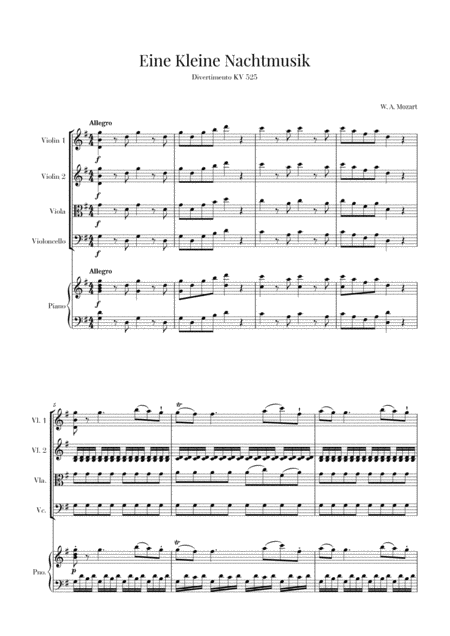 Free Sheet Music Eine Kleine Nachtmusik For String Quartet And Piano