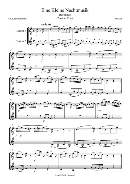 Eine Kleine Nachtmusik Romanze Clarinet Duet Sheet Music