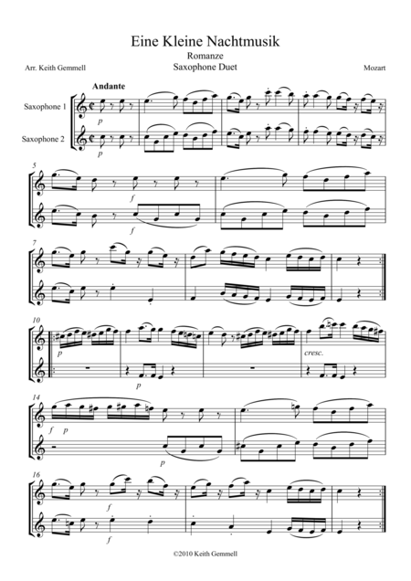 Free Sheet Music Eine Kleine Nachtmusik Romanze Saxophone Duet 2 Altos Or 2 Tenors