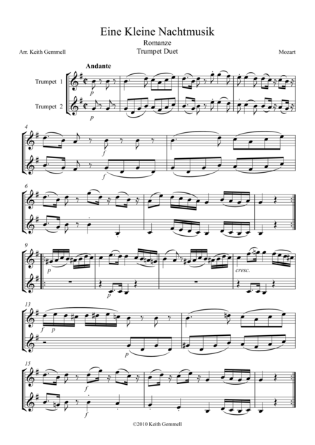 Free Sheet Music Eine Kleine Nachtmusik Romanze Trumpet Duet