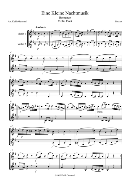 Free Sheet Music Eine Kleine Nachtmusik Romanze Violin Duet