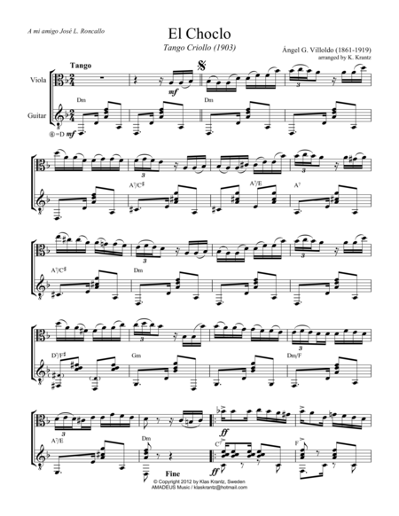 Free Sheet Music El Choclo Tango For Viola And Guitar