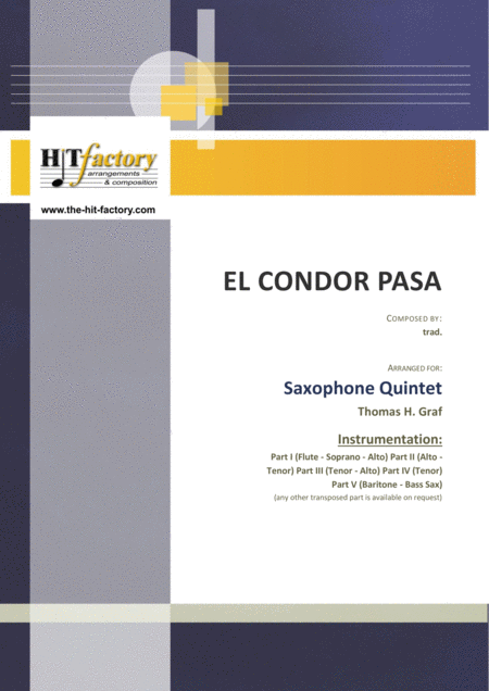 El Condor Pasa Peruvian Folk Song Saxophone Quintet Sheet Music