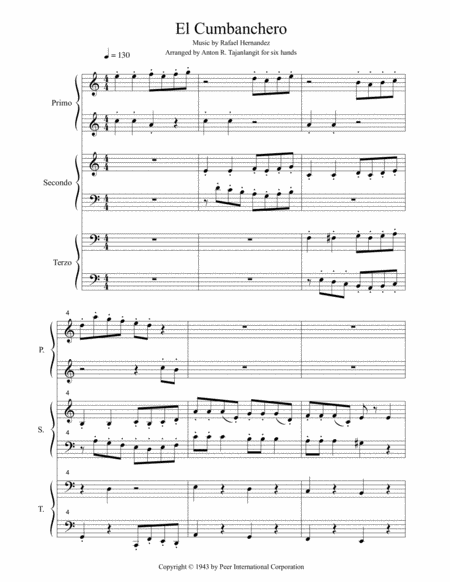 Free Sheet Music El Cumbanchero For Six Hands