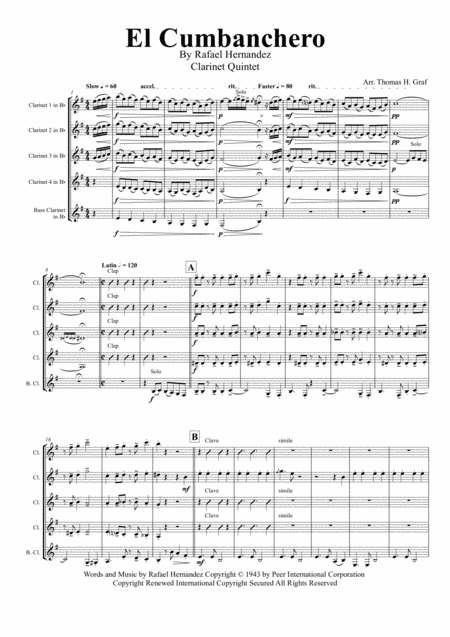 Free Sheet Music El Cumbanchero Samba Clarinet Quintet