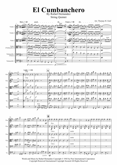 Free Sheet Music El Cumbanchero Samba String Quintet