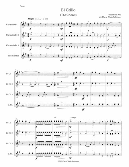 Free Sheet Music El Grillo The Cricket With Decorations For Clarinet Quartet