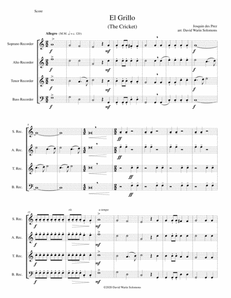 El Grillo The Cricket With Decorations For Recorder Quartet Sheet Music