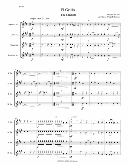 Free Sheet Music El Grillo The Cricket With Decorations For Saxophone Quartet