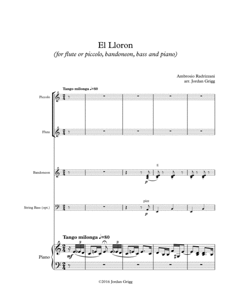 El Lloron For Flute Or Piccolo Bandoneon Bass And Piano Sheet Music