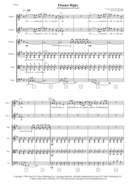 Eleanor Rigby For String Quartet And Vocals Based On The Original Beatles Recording Sheet Music