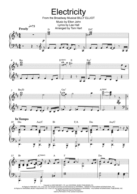 Free Sheet Music Electricity From Billy Elliot Piano Solo