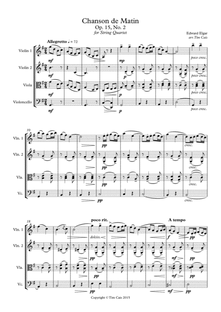 Elgar Chanson De Matin String Quartet Sheet Music