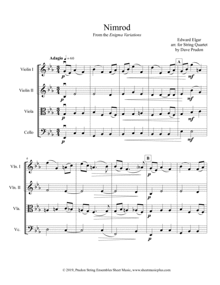 Free Sheet Music Elgars Nimrod For String Quartet