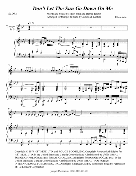 Free Sheet Music Elton John Dont Let The Sun Go Down On Me For Trumpet Piano