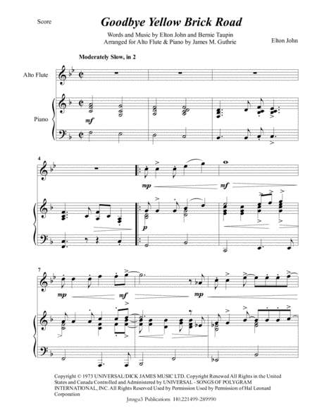 Free Sheet Music Elton John Goodbye Yellow Brick Road For Alto Flute Piano