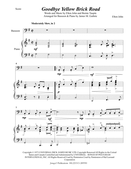 Free Sheet Music Elton John Goodbye Yellow Brick Road For Bassoon Piano